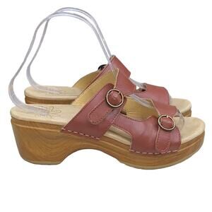 Sanita Tan Leather Clog Sandals with Wood Platform